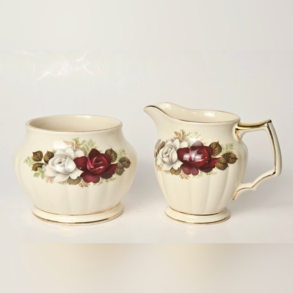 Sadler England Vintage Creamer Sugar Bowl Red White Rose Gold Trim China Set